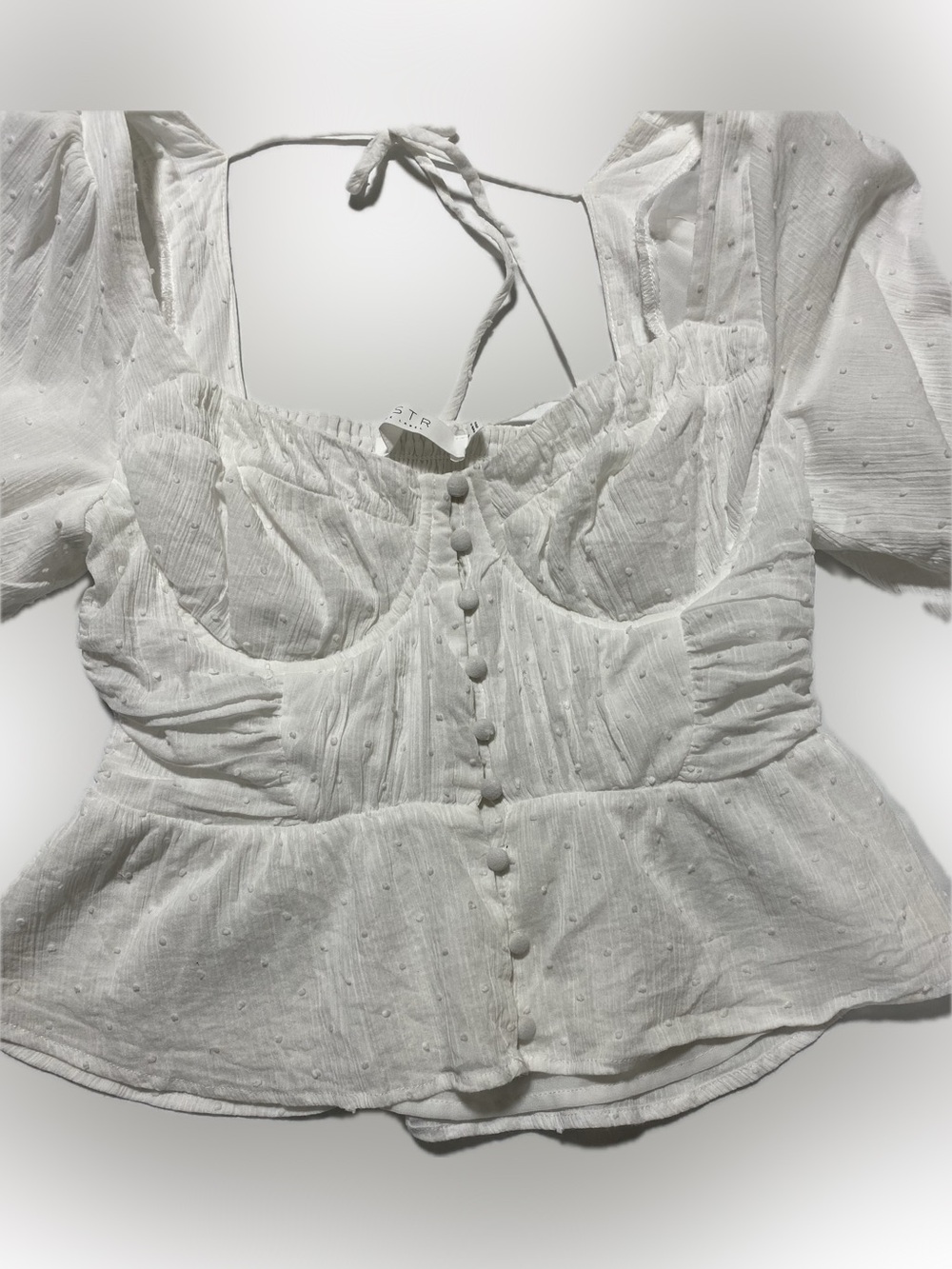 Astr White Swiss Dot Peplum Button-Up Blouse